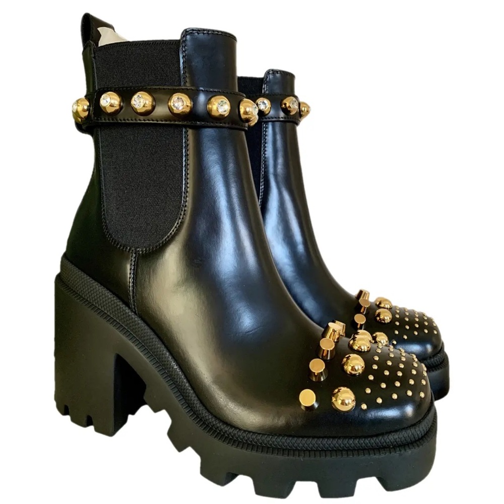GUCCI TRIP STUDDED LEATHER PLATFORM BOOTS IN NERO BLACK & GOLD 42 10 10.5 11